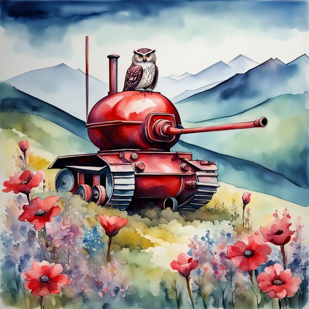 Glass Tank on Hill with Flowers, Watercolor Style