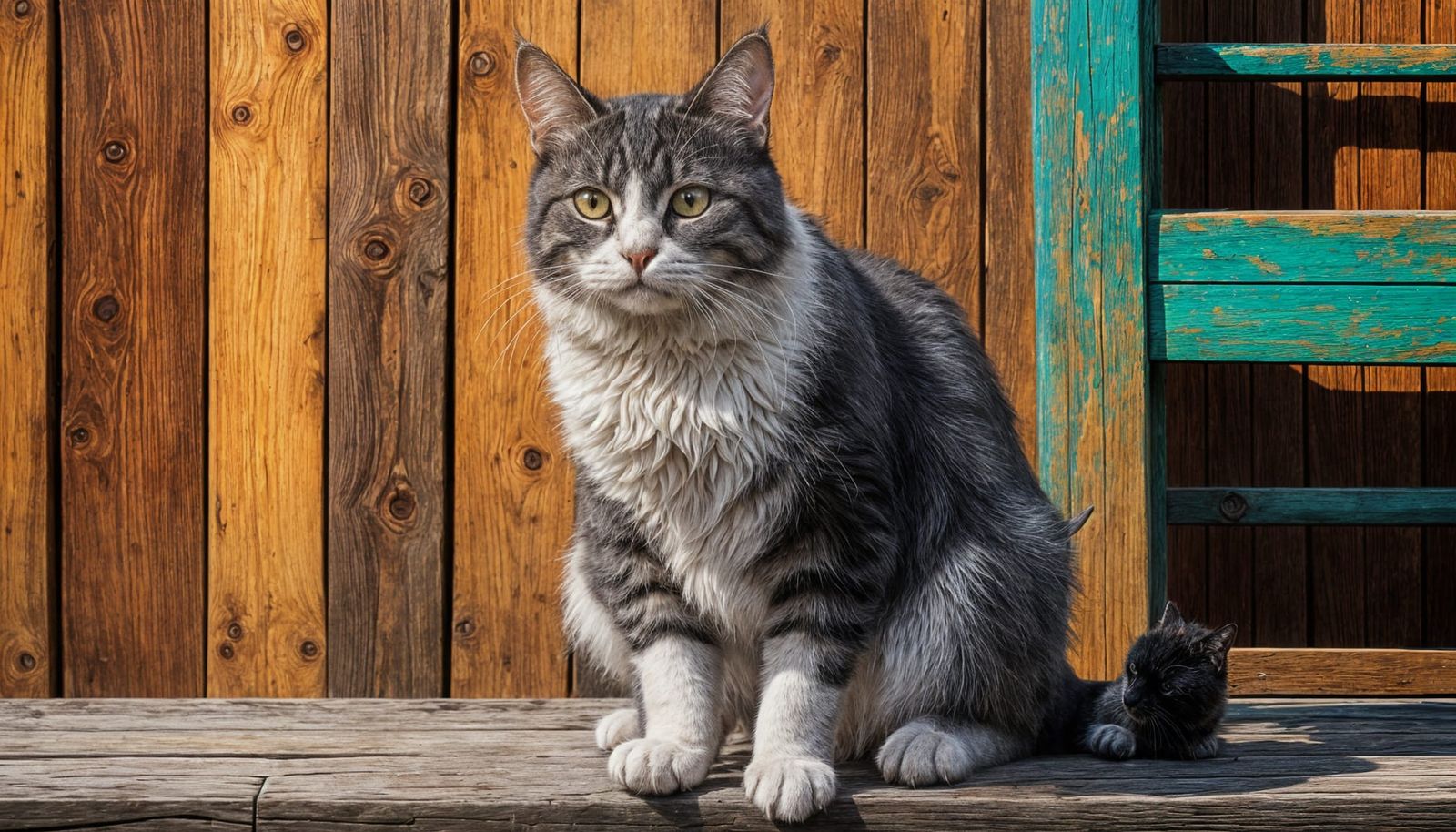 Hyperrealistic Tuxedo Cat Portrait on Wood Deck