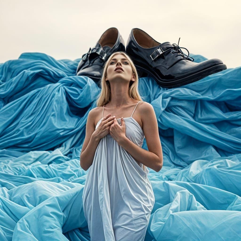 Young Blonde Woman Amidst Nylon Fabric, Surrounded by Giant....