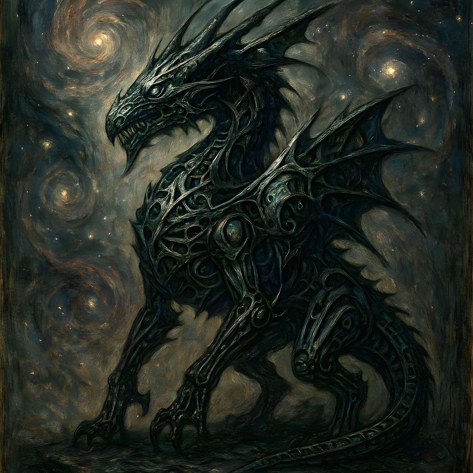 Mechanical Dragon in Cosmic Horror Style