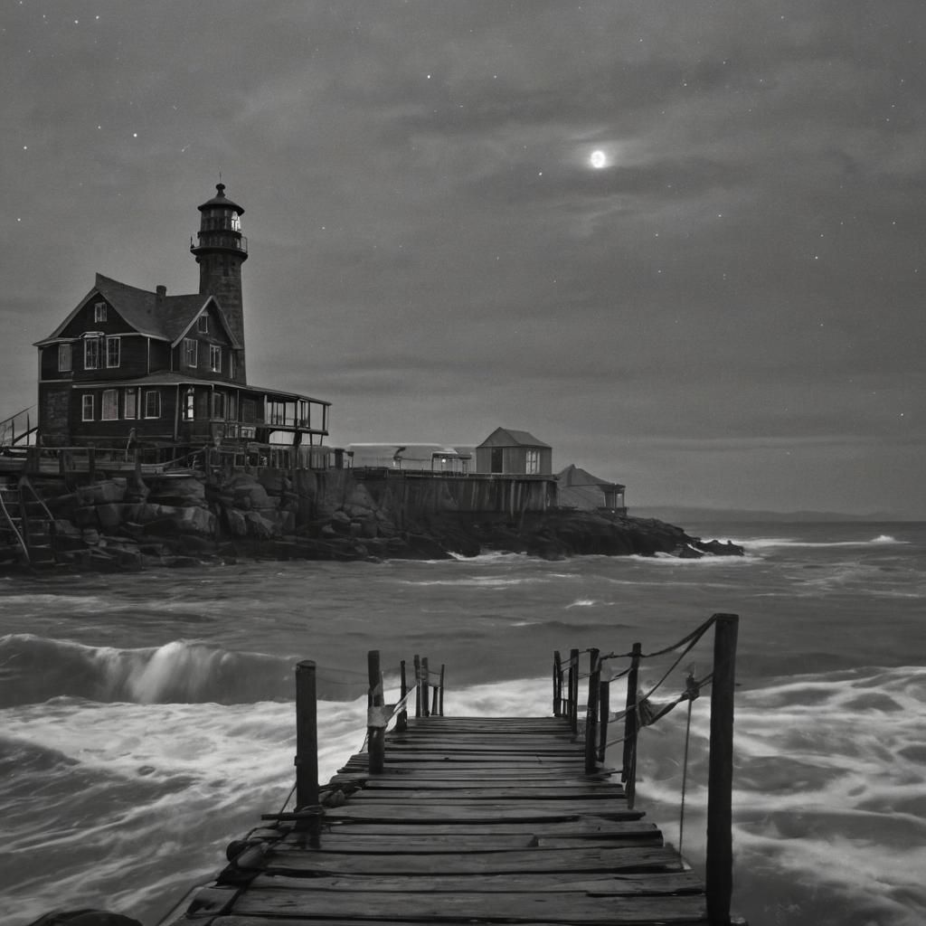 Moody Fisherman's Tavern at Dusk in Film Noir Style