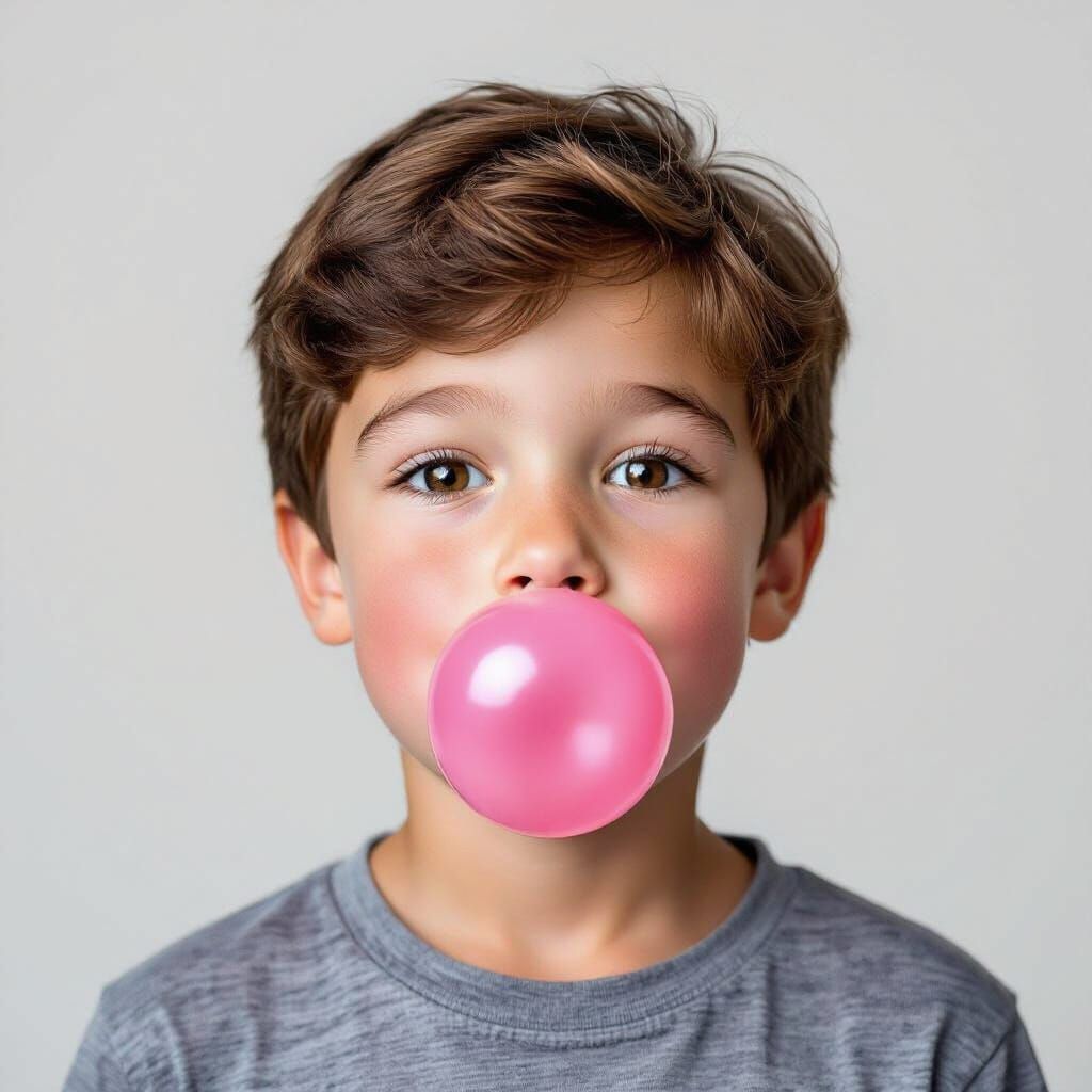 Boy Blowing Bubblegum in Photorealistic Style
