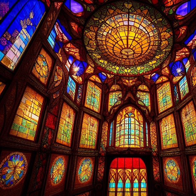 Stained Glass Palace with Sunset Mountain View