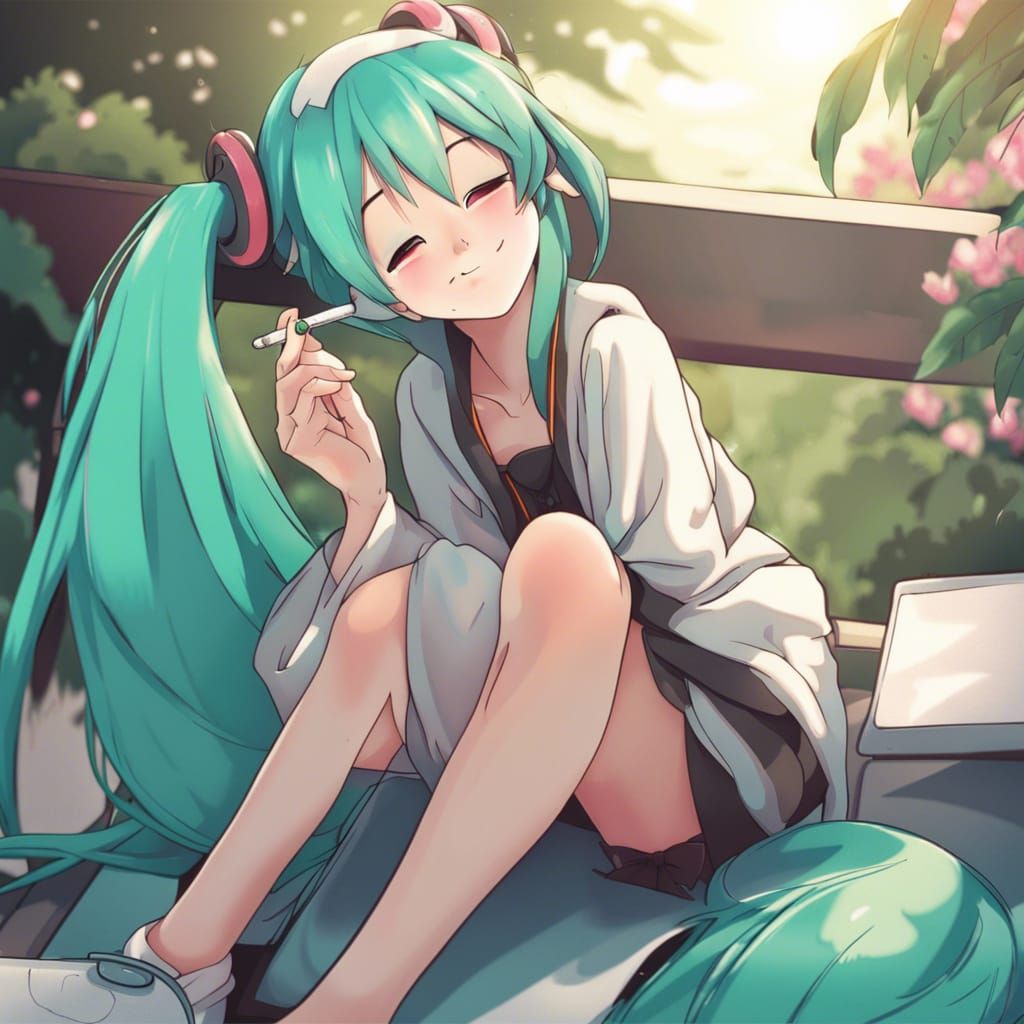 Hatsune Miku Smoking in Anime Style