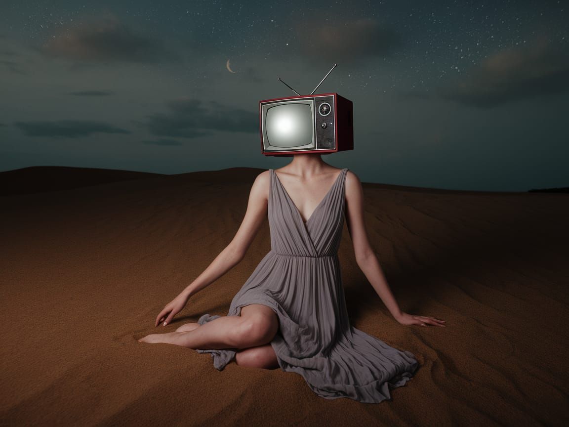 Woman with TV Head on Sandy Beach at Night
