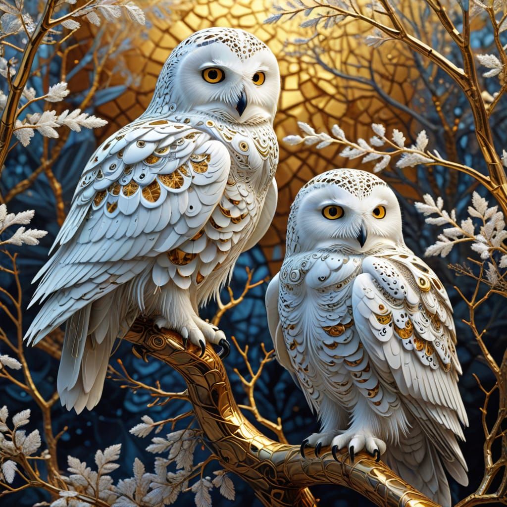 Mosaic Snowy Owls with Fractal Patterns in Digital Art