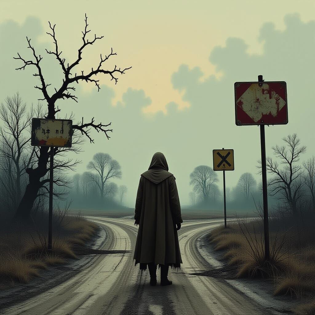 Melancholic Figure at Desolate Crossroads in Biomechanical S...