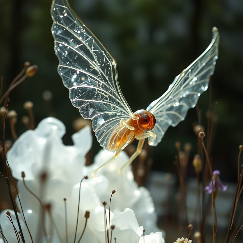 Surreal Glass-Winged Sculpture in Eerie Optical Illusion