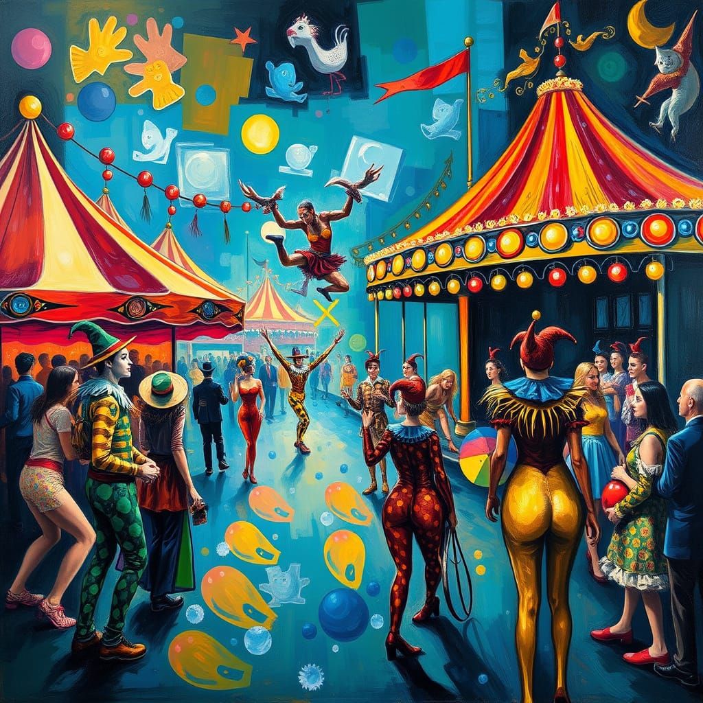 Magical Carnival Performers in Modern Art Style