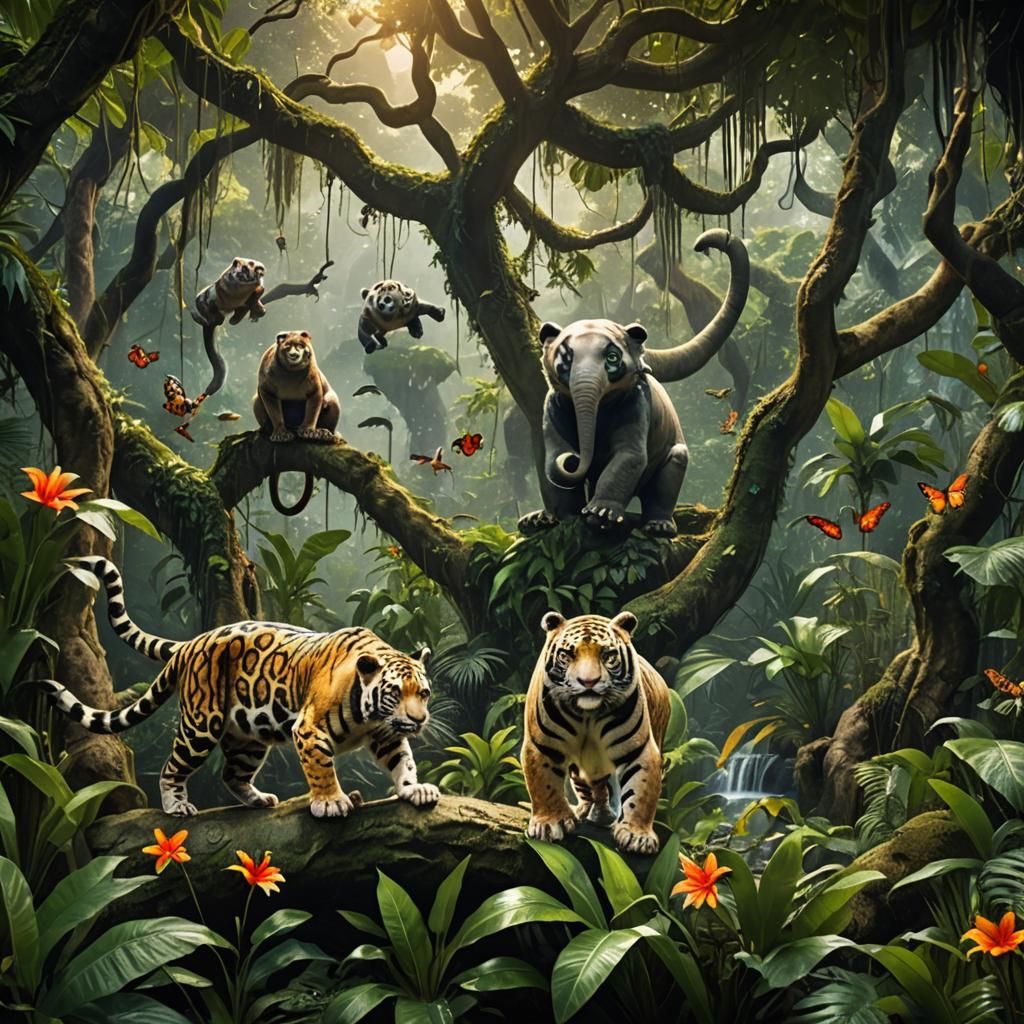 Lush Jungle Scene with Diverse Wildlife