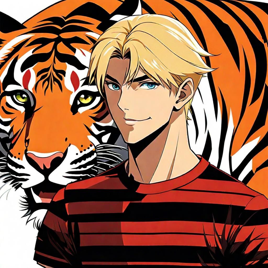 Man and Tiger in Autumn Woods: Fantasy Art