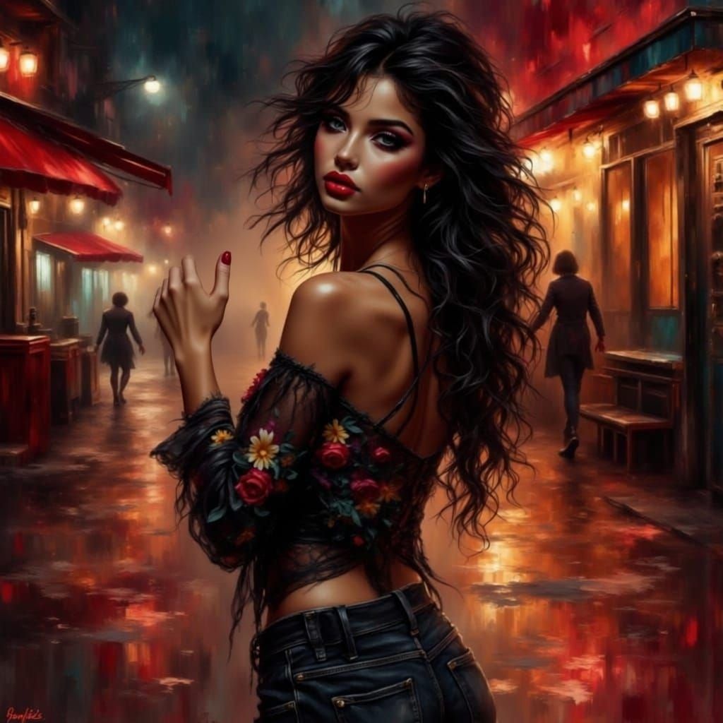 Stunning Woman in Black Flowered Top on Deserted Street