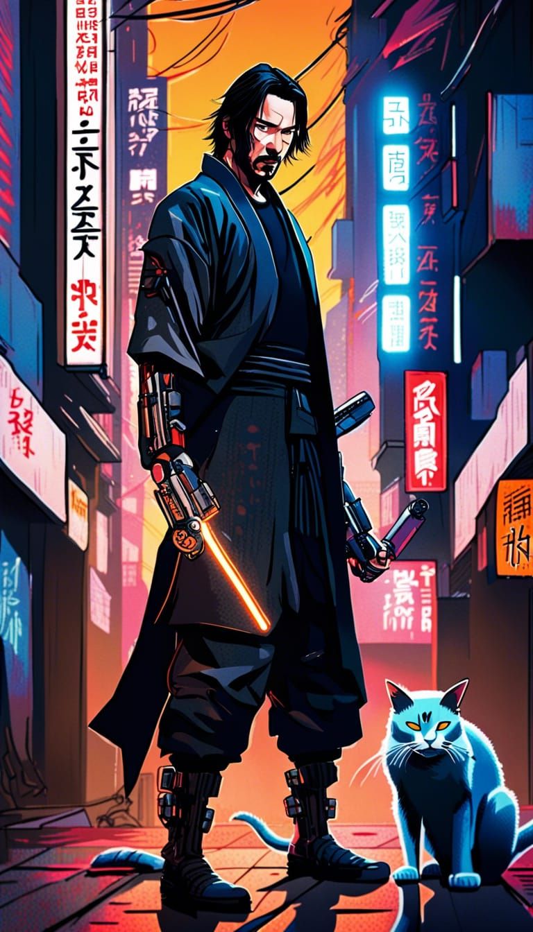 Cyberpunk Ronin in Neo-Tokyo Alley at Dusk