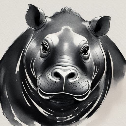 Hippo in Japanese Ink Wash Painting Style