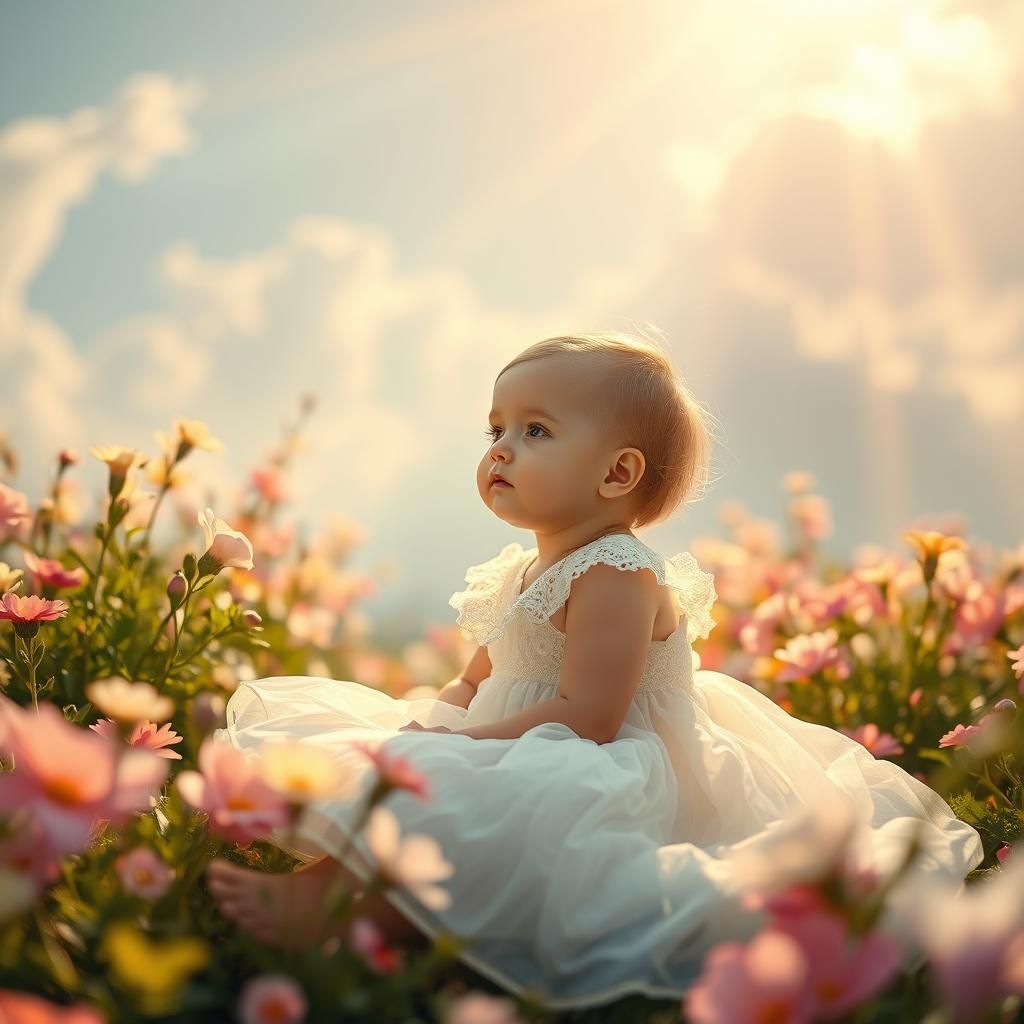 Baby Girl in Pastel Garden with Heavenly Light