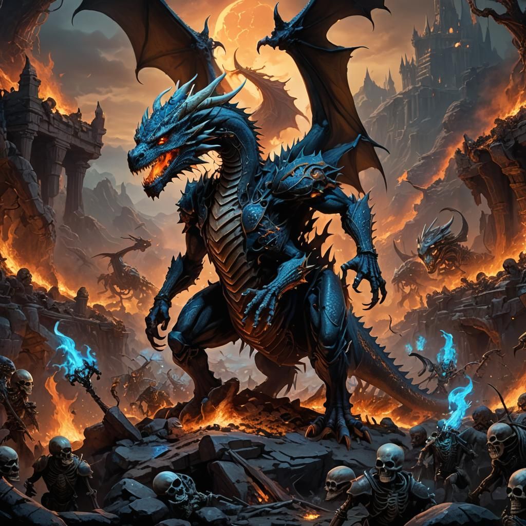 Dragon Amidst Skeleton Army in Ancient Battlefield