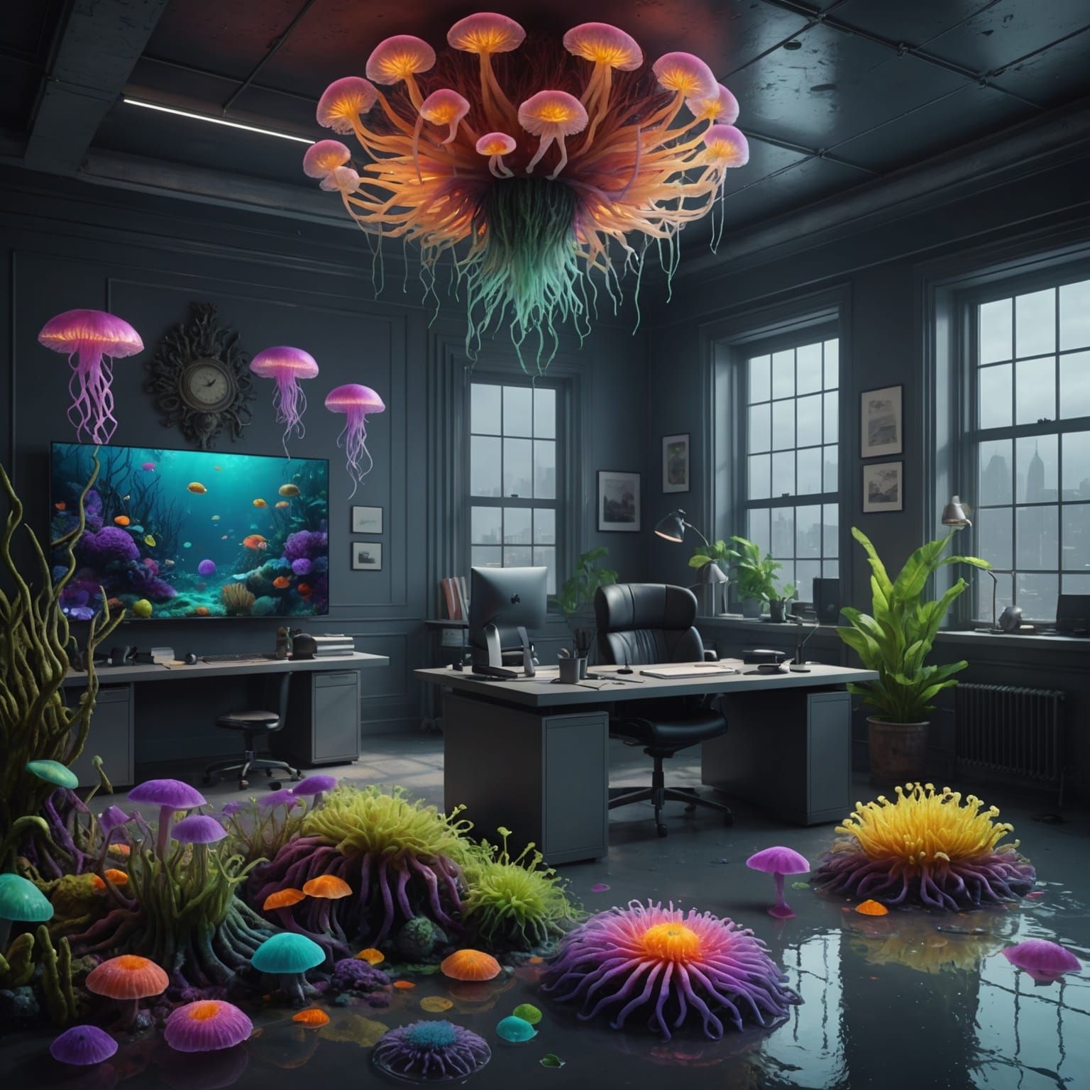 Fluorescent Medusas and Sea Anemones in 80s Office