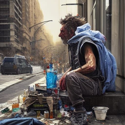 Homeless Artist Surrounded by Supplies, Digital Fine Art