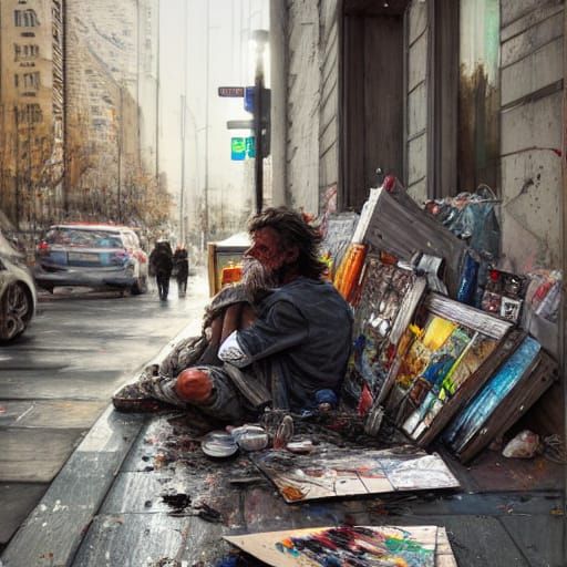 Homeless Artist Surrounded by Supplies: Digital Art