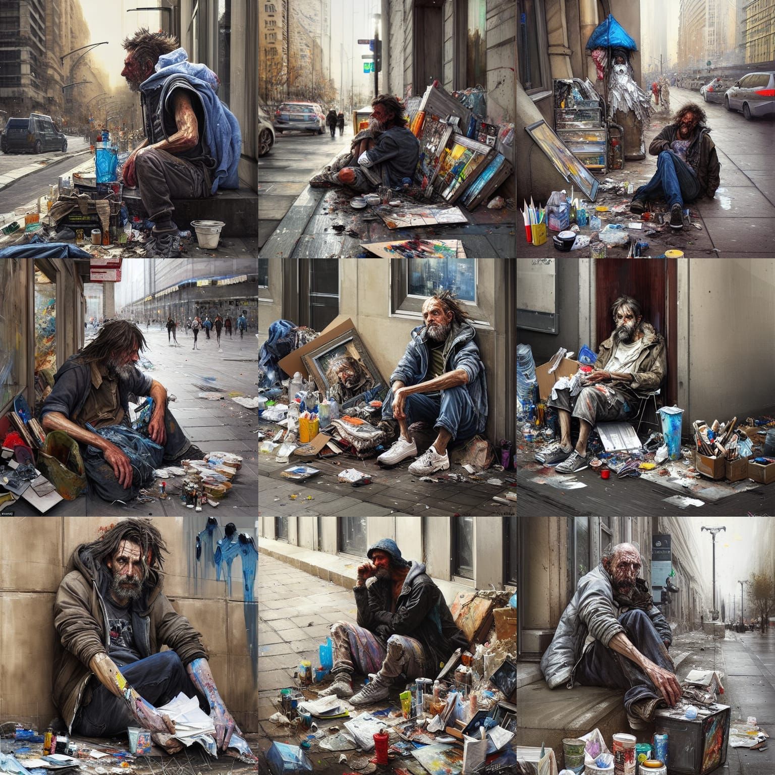 Homeless Artist Surrounded by Supplies: Digital Fine Art