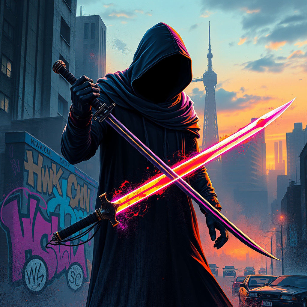 Neon Graffiti Artist in Futuristic Cityscape