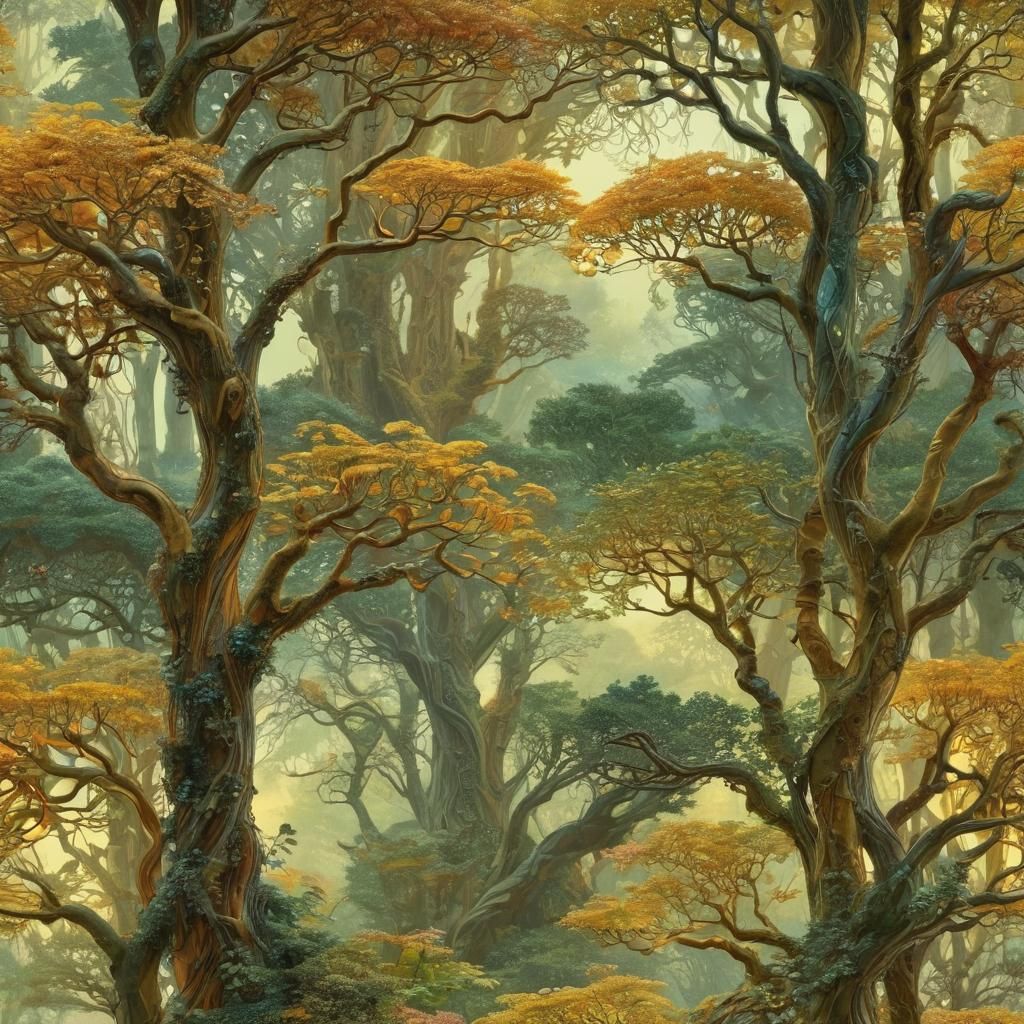 Enchanted German Forest in Amber-Jade Light