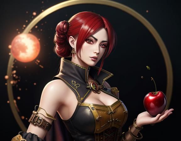Steampunk Anime Woman with Cherries: Detailed Digital Art