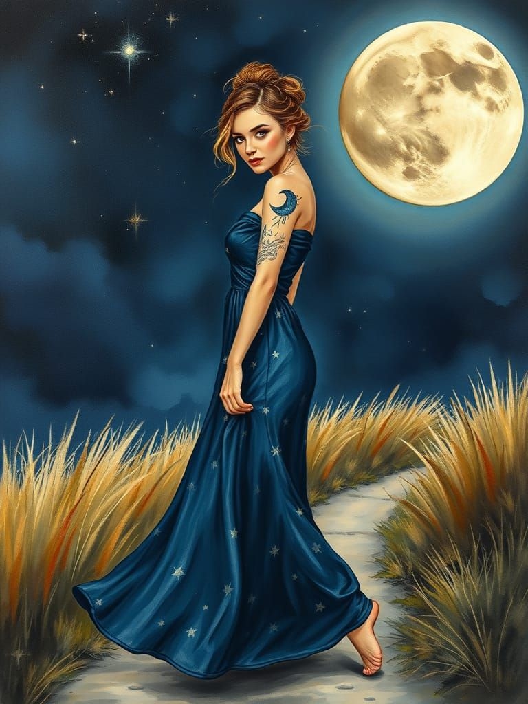 Bohemian Woman Under Moonlight: Vintage Oil Painting