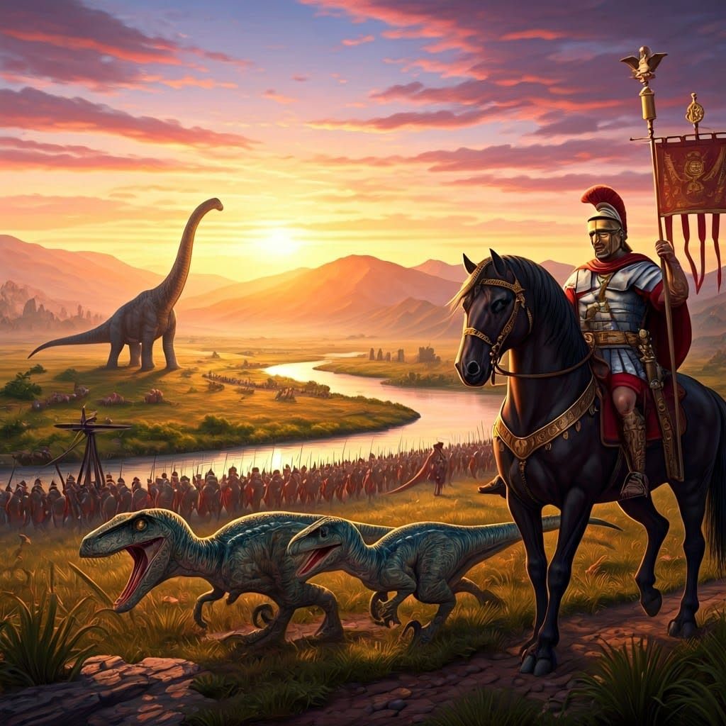 Roman Army Marches with Dinosaurs, Oil Painting