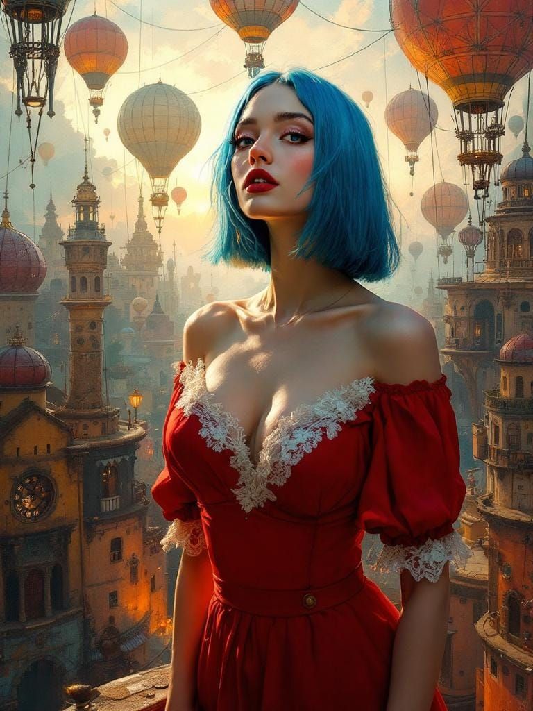 Steampunk Beauty in Floating City: Impasto Style
