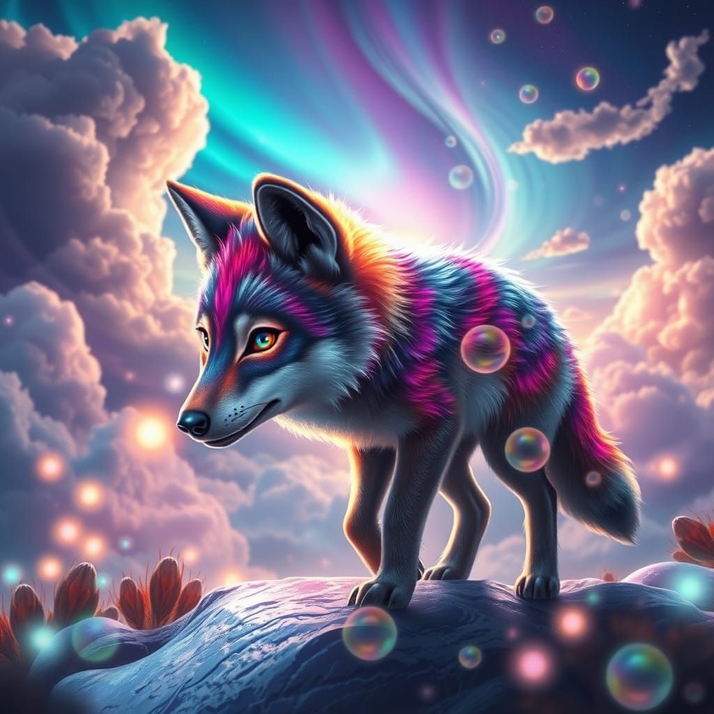 Fantasy Wolf in Vibrant, Dreamlike Landscape