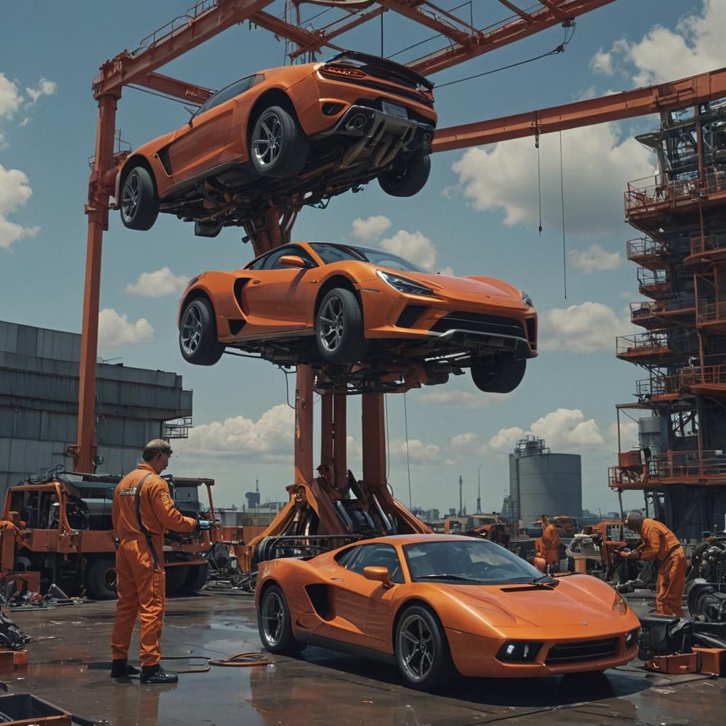 Vibrant Orange Sports Car Repair in Futuristic Industrial Se...