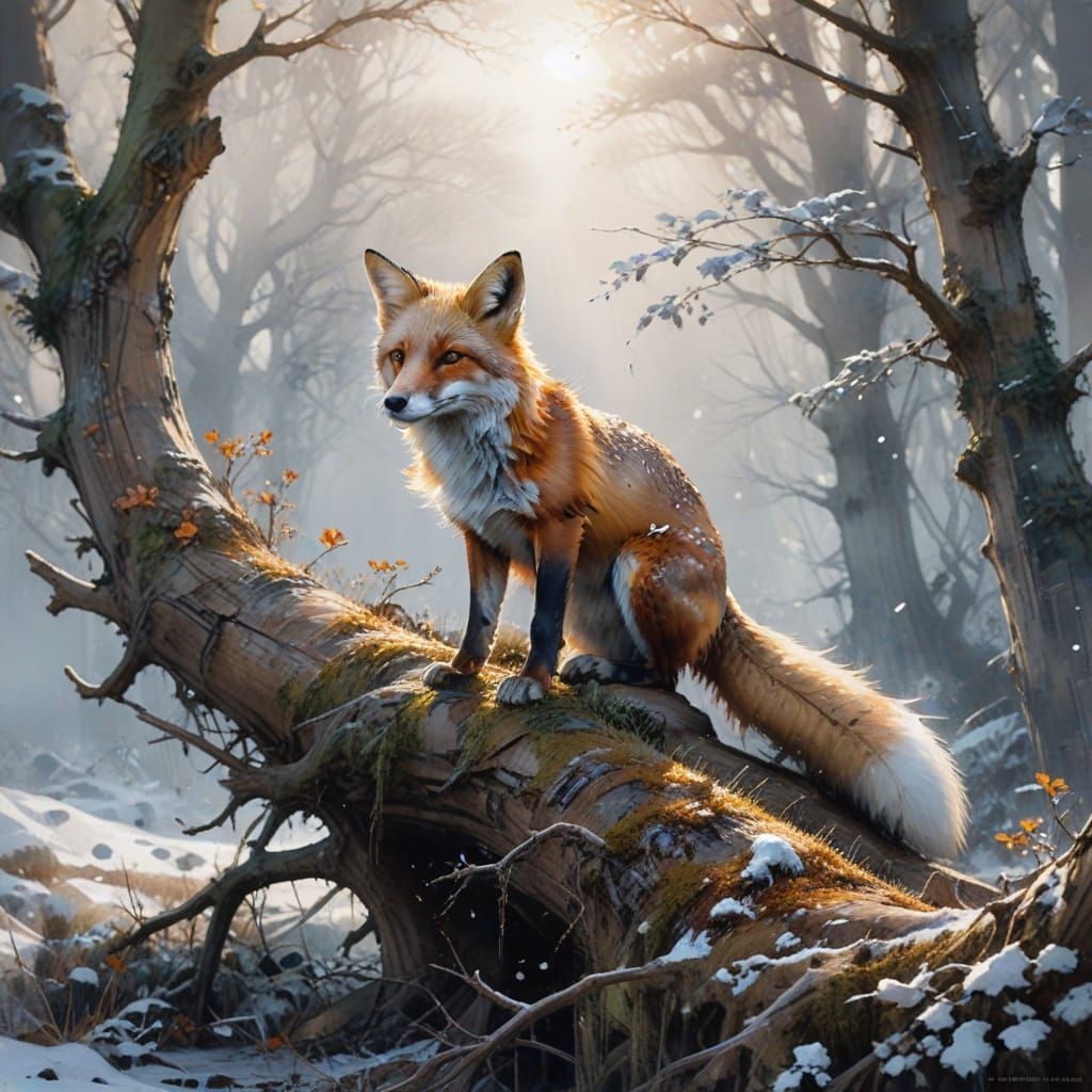 Luminous Fox in Snowy Forest: Pre-Raphaelite Style