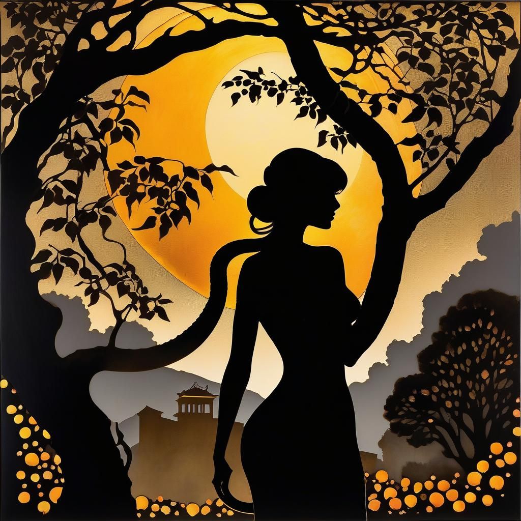 Vintage Ink Painting: Snake, Eve, and Apple Tree