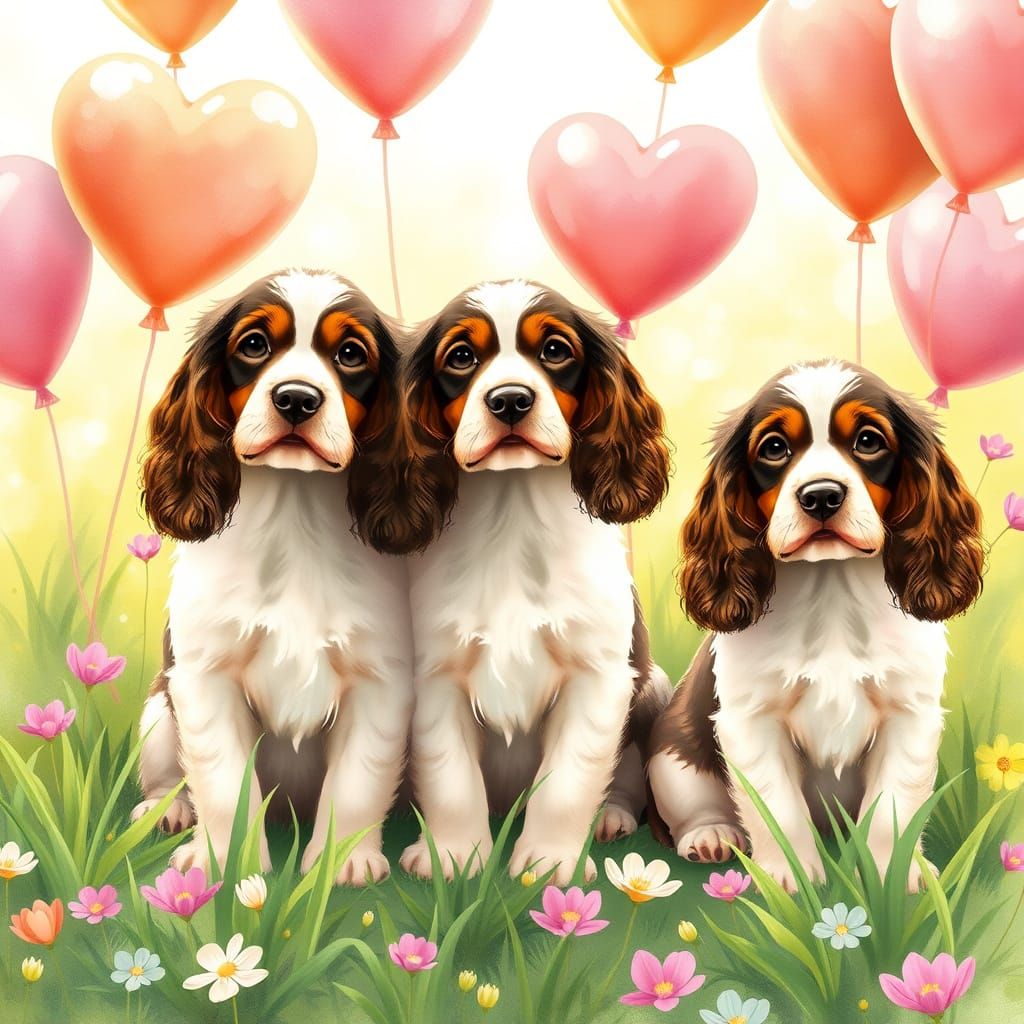 English Cocker Spaniel Puppies in Whimsical Watercolor Wonde...