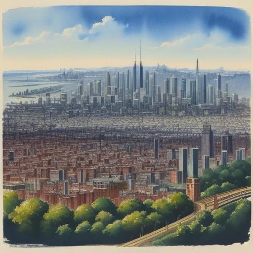 Vintage watercolor illustration of a city skyline