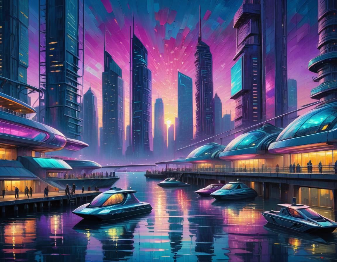 Futuristic City Impressionist Painting at Twilight