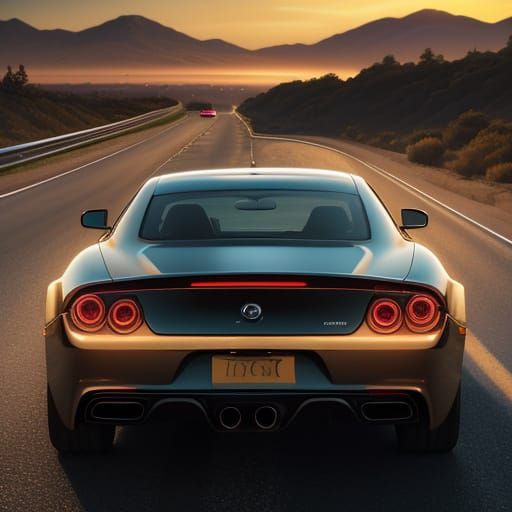 Realistic Car on Sunset Highway in Vivid Oil Style