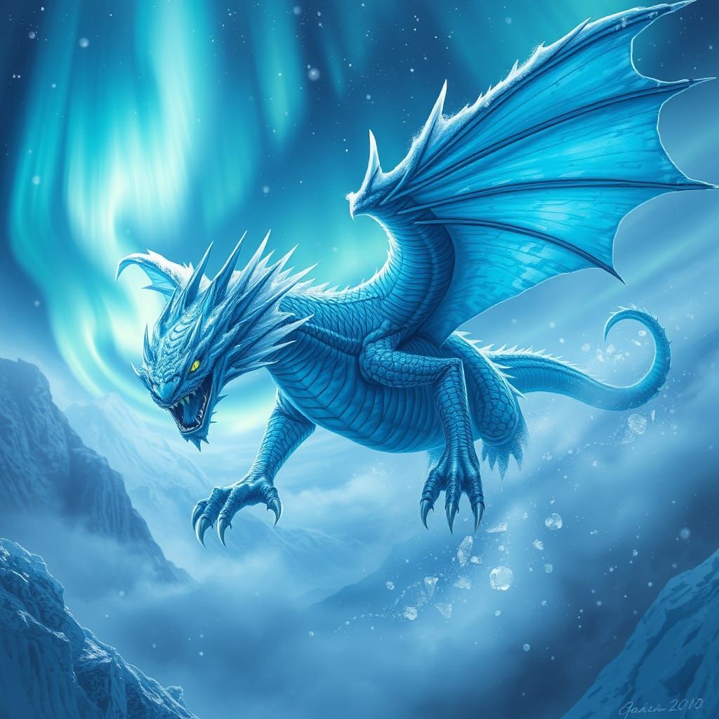 Majestic Ice Dragon soars through a Futuristic, Dreamlike La...