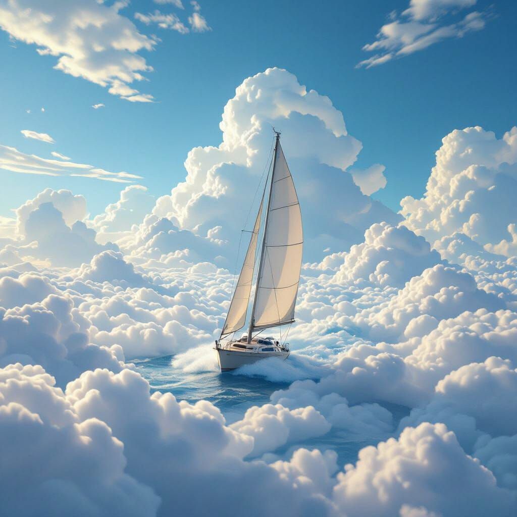 Sailboat Soaring Through Clouds in Digital Matte Painting St...