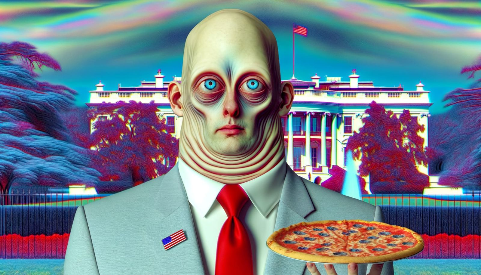 Stern Man with Pizza in Surreal Post-Apocalyptic Setting