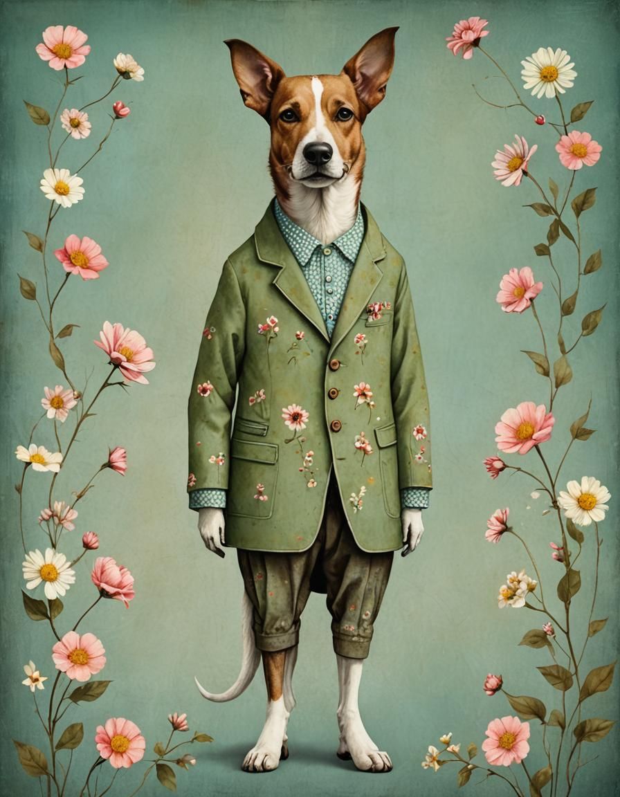 a whimsical dog in vintage spring themed clothes