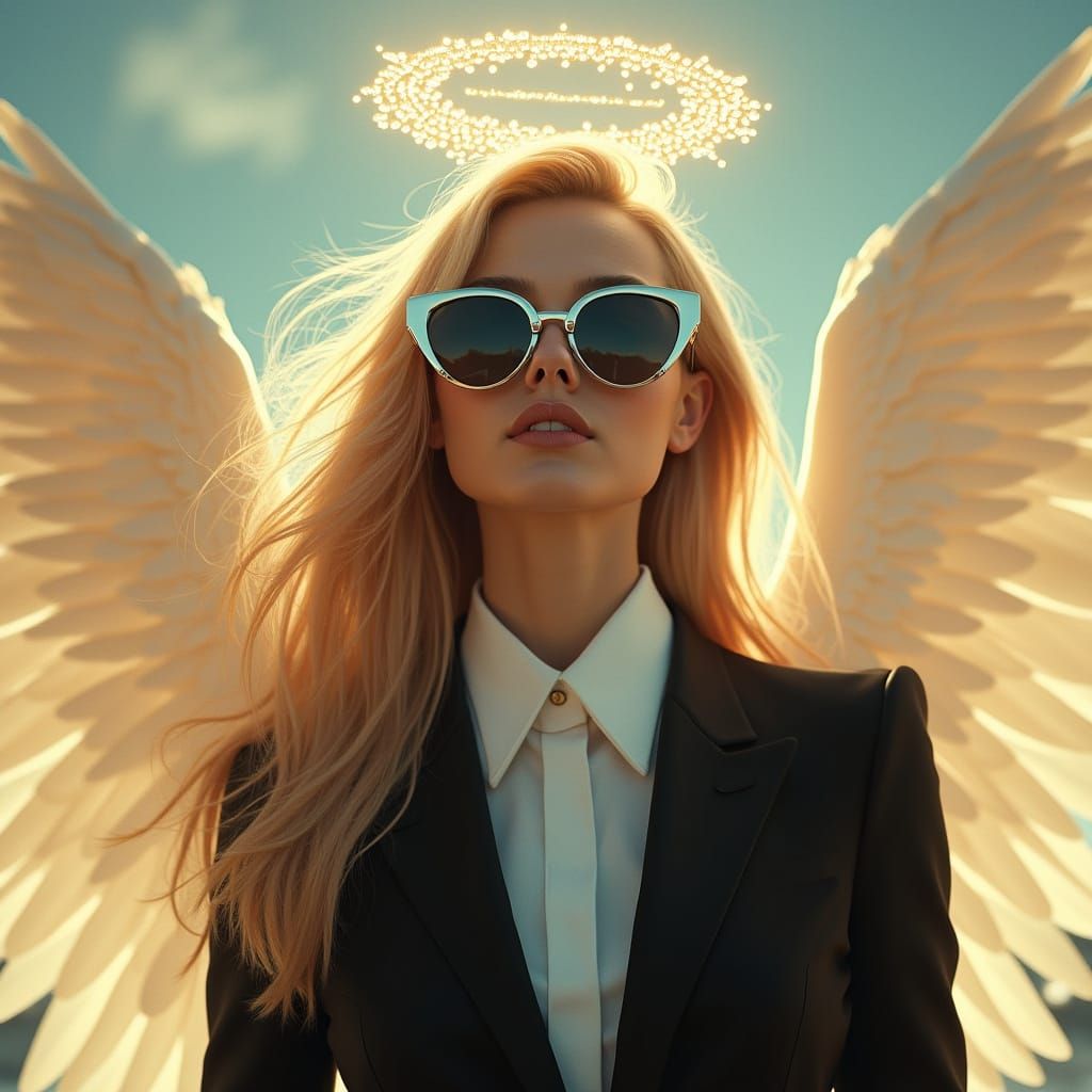 Glamorous Angel in Black Suit and Sunglasses