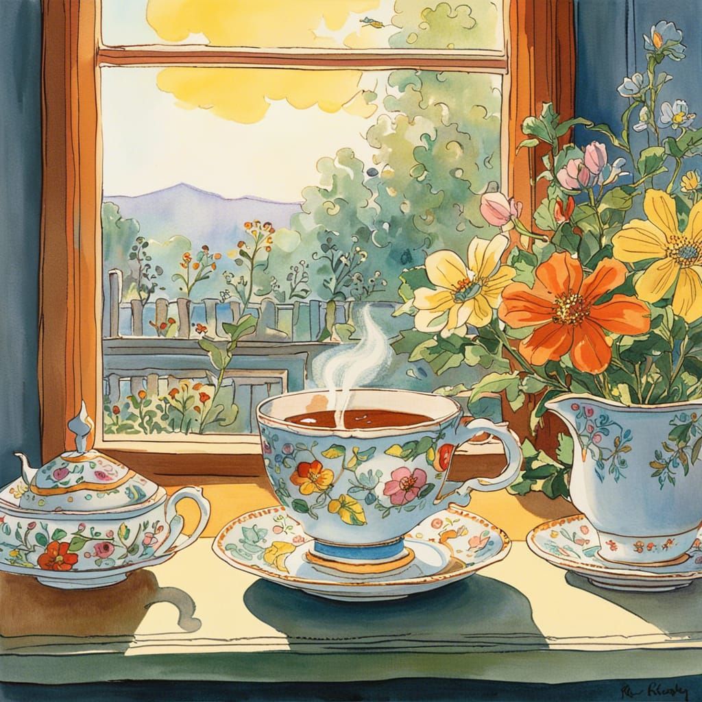 Flowered Teacup Still Life in Gouache Style