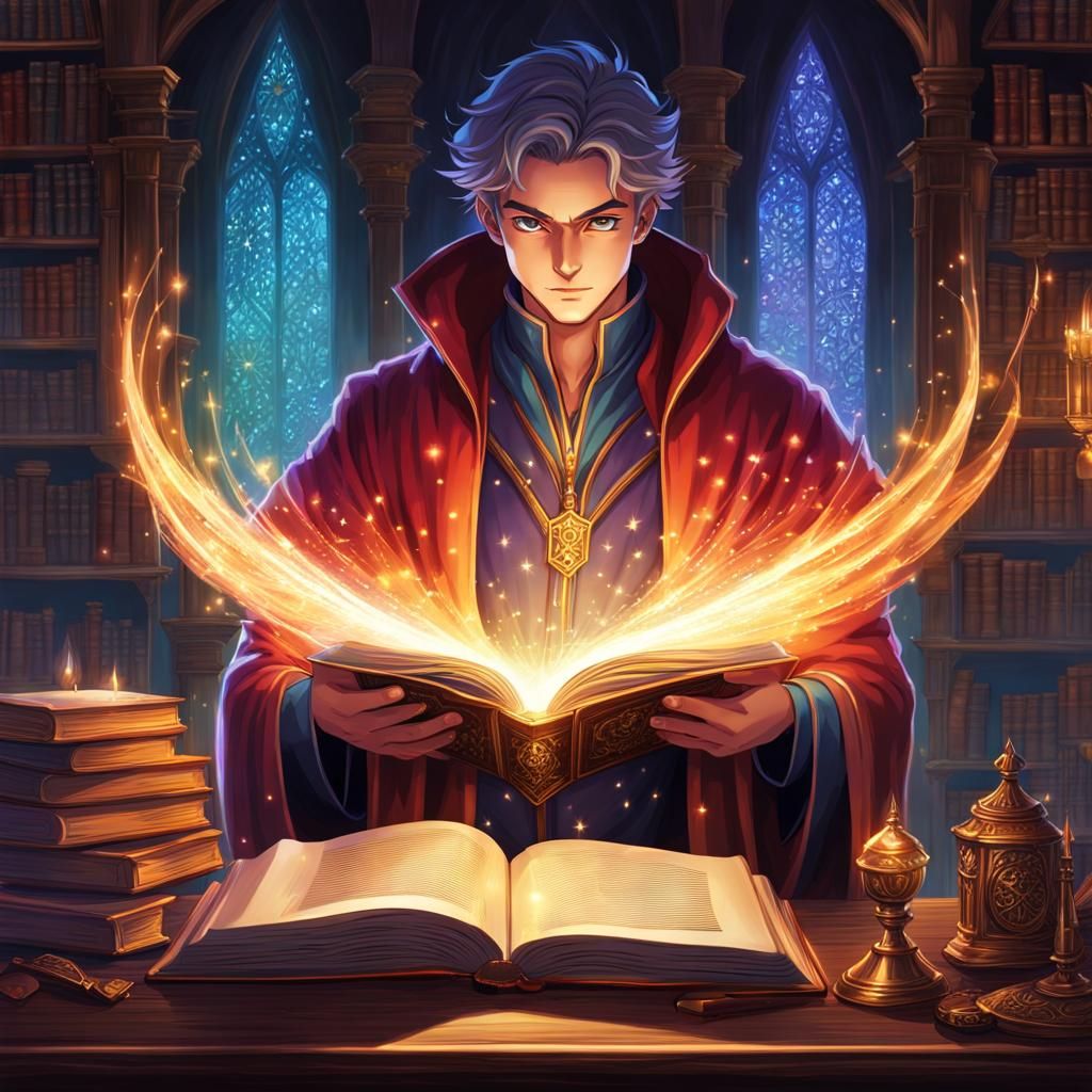 Anime Wizard with Iridescent Light Over Magic Book