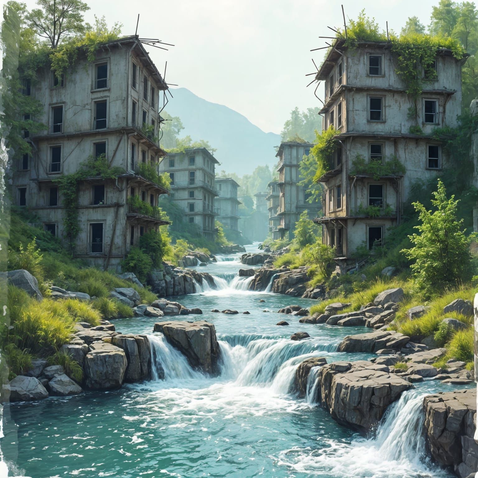 Waterfalls Flowing Through Abandoned Buildings: Digital Sket...