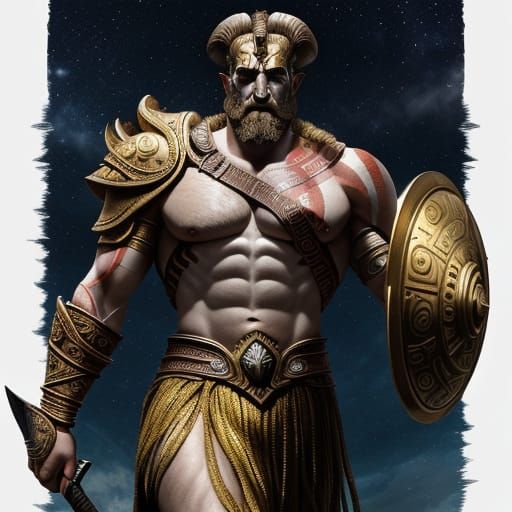 An image of Ares, the god of war, in the stars beside a magnificent ram with a golden fleece. romanticism, ethereal