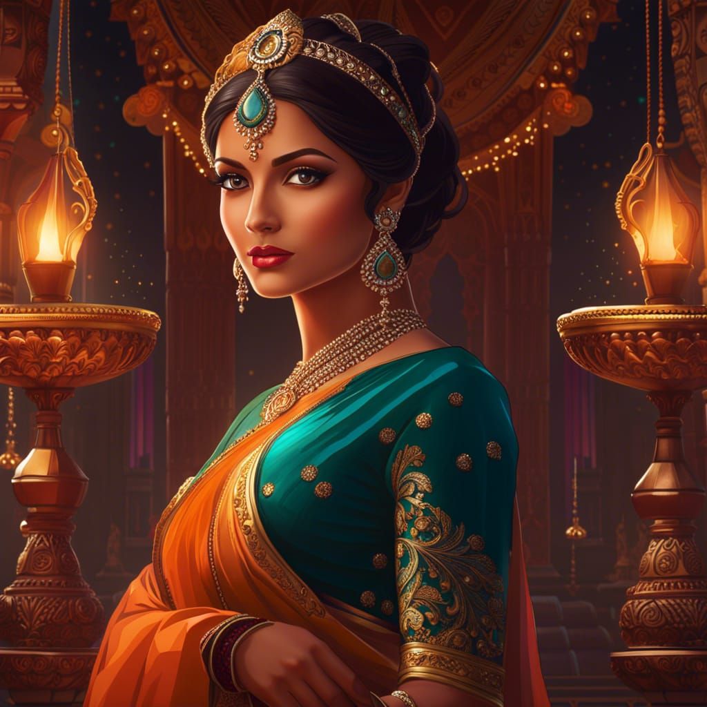 Diwali Festival: Indian Women in Saris, Detailed Art