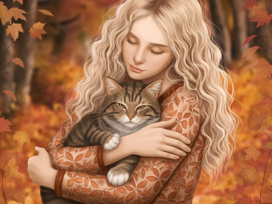 Blonde Woman Embracing Tabby Cat in Autumn Forest