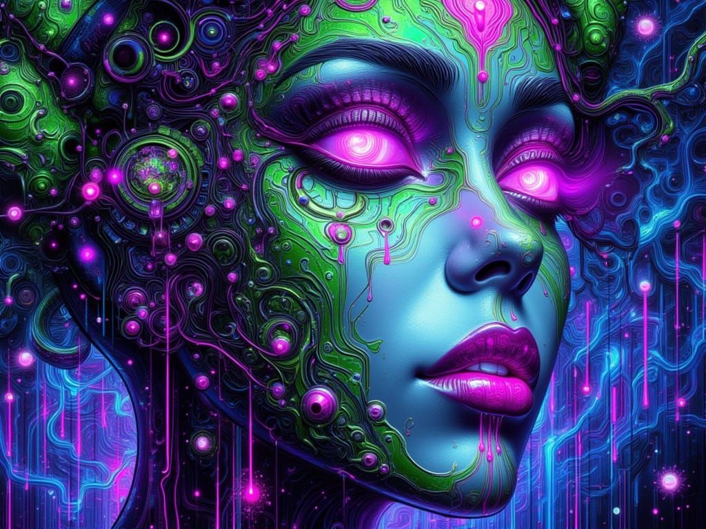 Gothic Princess in Neon Fractal Landscape